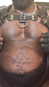 Black Mature Muscle Leather Harness Latex Singlet Tit Play