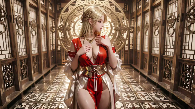 Seraphina Vale: Diosa Celestial descende! Hanfu rojo y blanco, pelo dorado, descalzo...