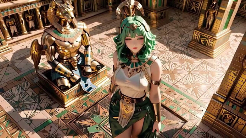 Seraphina Vale: Regina egiziana dai capelli verdi! Inginocchiata nella sala d'oro, sorvegliata...