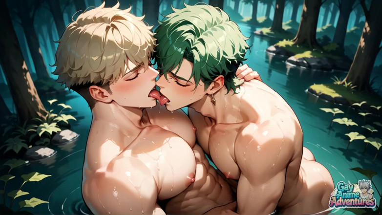 Gay Anime Adventures: Zielonowłose mięśnie leśne: Gay Cum Shot