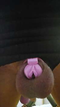 Sissygasm!! Sissy Crossdresser All Locked up in Cute Pink Chastity Cage with Realistic Clit Hole, She Cums Like a Slut