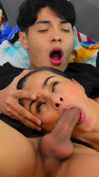 Stepmom Gives a Good Blowjob to Her Stepson in His Bed.
