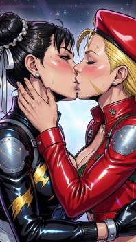 Cammy y Chun Li besando Ai