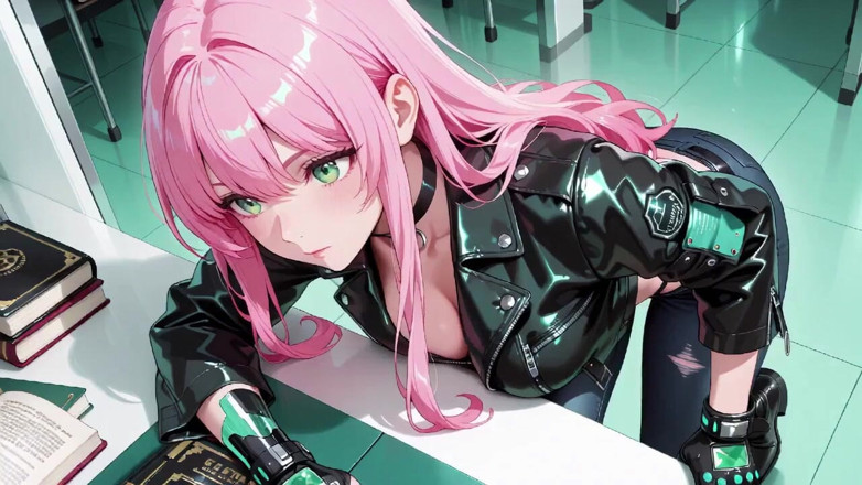 Tay Swift X: Pink-haired Leather Tech! Private Vibes in a Neon-lit Cyber Corridor.