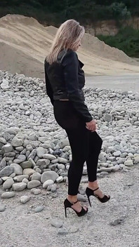 Grandma Is Walking Around a Gravel Pit in Tight Leggings and High Heels!
