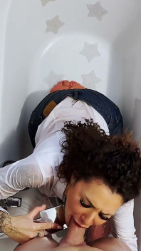 The Wife with Jeans and a Shirt Enters the Tub Dressed to Suck Cock!