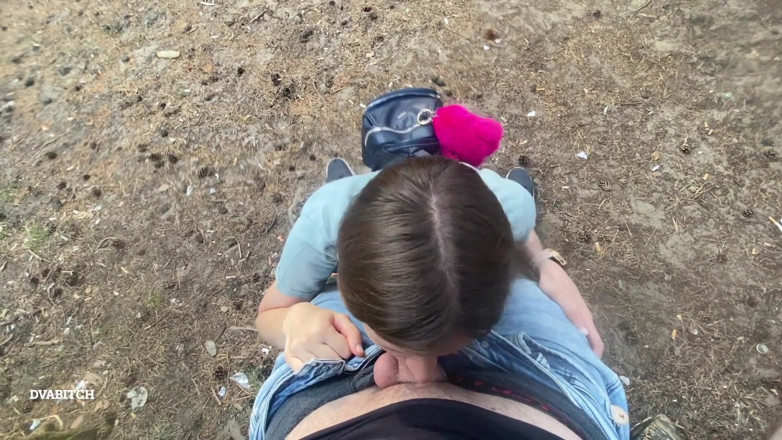 Dvabitch: Amateur brunette gives sensual blowjob at the forest and takes...