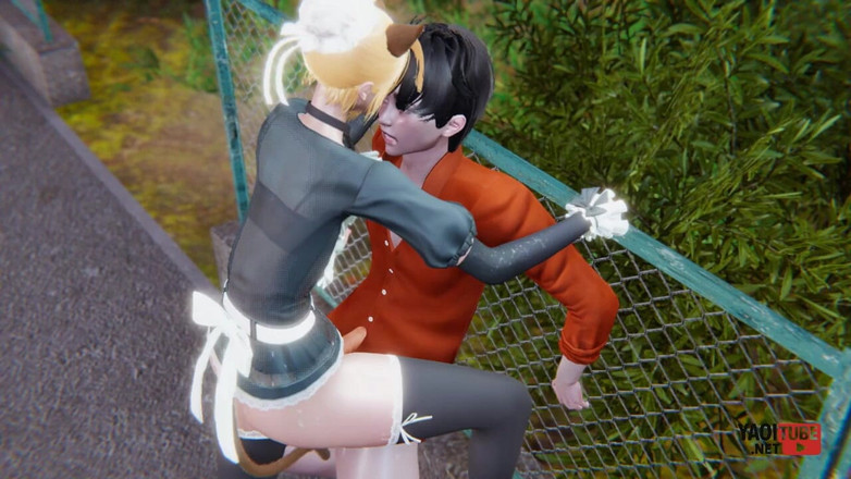 Yaoitube: Yaoi - 性感的猫女仆femboy在公共场合被干