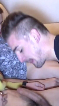 Threesome sex party with 3 twinks in the sofa