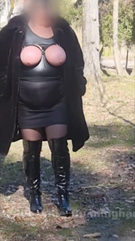 Julie Walking Through a Car Park Wearing Fur Coat, See Her Bound Tits Sticking Out