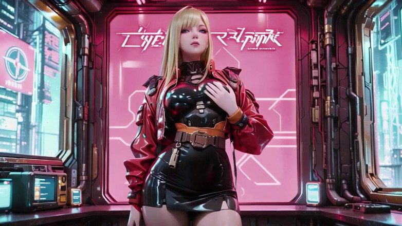 Seraphina Vale: 赤と黒のサイバー・ヴァルキリー!冷たく誘惑的な跪きポーズが純白の背景に浮かぶ。