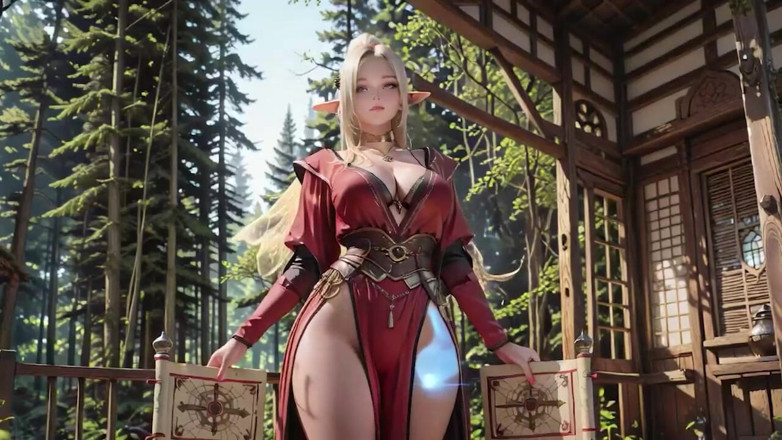 Seraphina Vale: Red Robe Elf Sorceress! Sun-dappled Forest Terrace, Kneeling Gaze That...