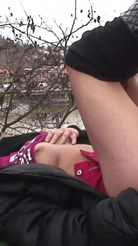 It's cold in the park and the young brunette with small natural tits gets warmed up by an old man and swallows all the cum