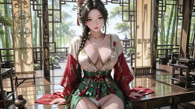 Seraphina Vale: The Red-robed Goddess in a Sun-dappled Secret Garden, Lazily Turning...