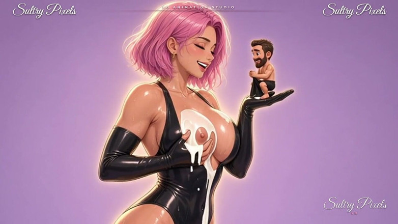 Sultry Pixels 3D: Anime Lateks kochanka całuje małego mężczyznę na dłoni, podczas gdy...