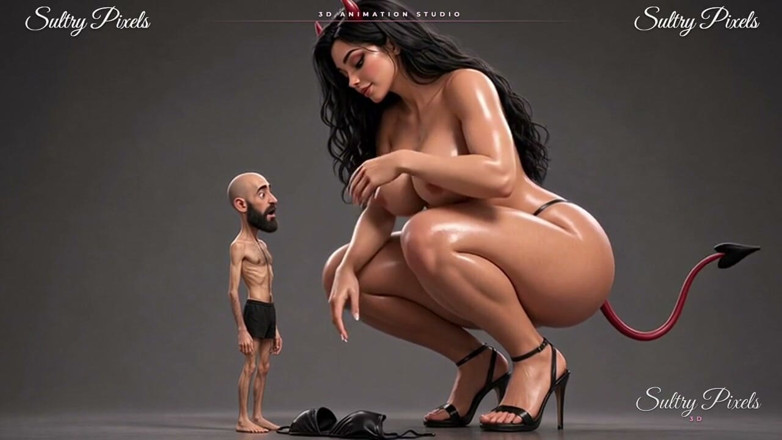 Sultry Pixels 3D: Jätte hon-djävulen remsor topless för sin lilla skäggiga man - han...