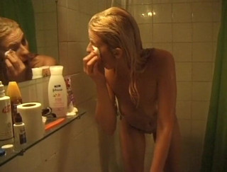Flash Model Amateurs: Blonde with a crotch tattoo gets in the shower