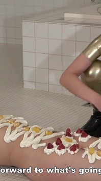Female Body Cake. Mistress Spreads Cream on Female Slave's Body and Makes Her Lick Her Whole Body as Food for Male Slaves
