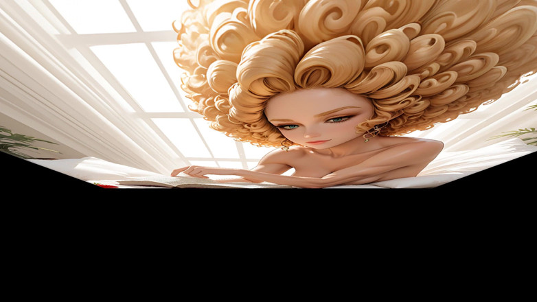 LustRender: Wanita bogel berotot dengan blonde strawberi pendek Afro Curls membaca...
