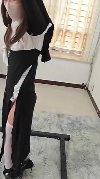The Girlfriend Role-plays a Nun, Handcuffed and Shackled, Bound to an Iron Frame
