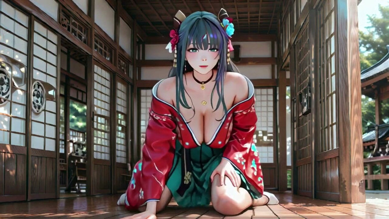 Seraphina Vale: Purple Hair &amp; Kimono! Seductive Kneeling in a Japanese Garden.