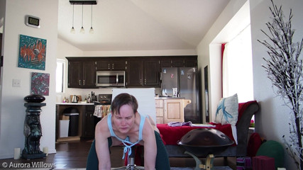 Aurora Willows: Yoga in a blue bodysuit and knee high socks
