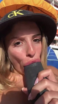 Tattooed Blonde with Big Tits and Hairy Pussy Sucks and Rides a Huge BBC Dildo by the Pool