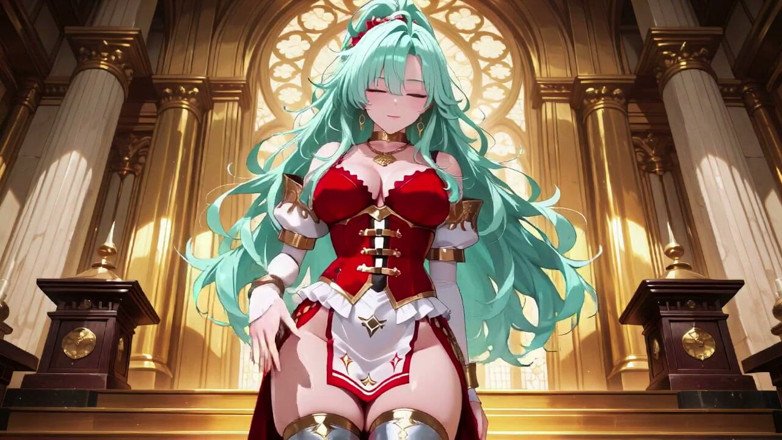 Tay Swift X: Golden Hall Fantasy! Green-haired Knight in Red-white Armor Kneeling, Teasing...