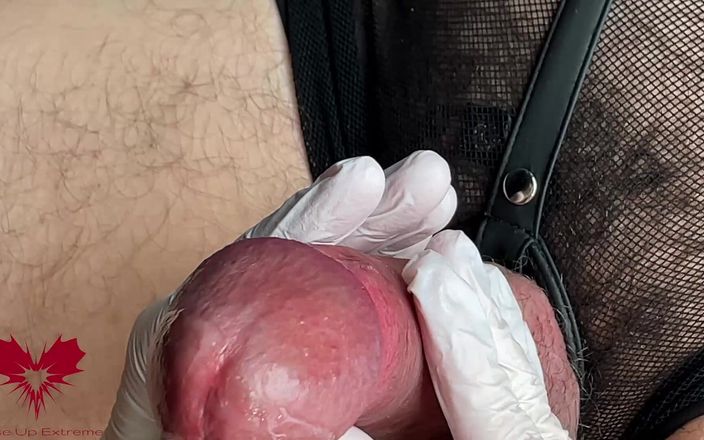 Close Up Extreme: Joc cu gland cu mănuși albe din latex în super-prim-plan. Vizualizare...
