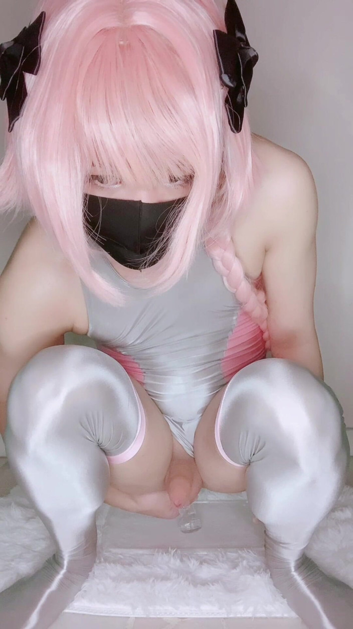 Rikka Rinn: Astolfo Femboy Rides Dildo and Cums in Shiny Swimsuit