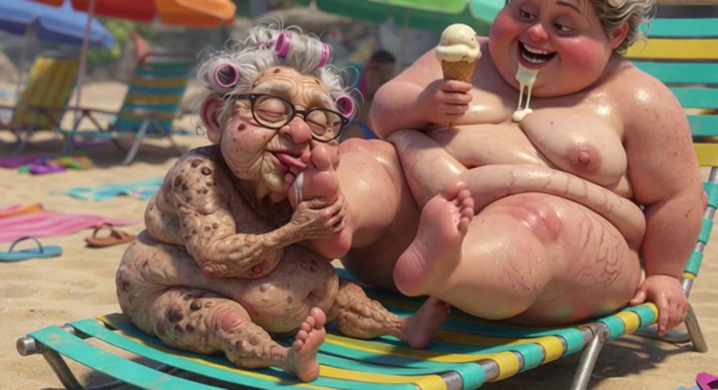 Anime Hentai: Anziana nonna succhia appassionatamente piedi bbw sulla spiaggia