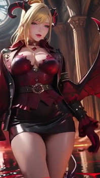 Trône de lave ! La reine démon blonde s’agenouille et écarte ses ailes, taquinage paresseux avec un verre.