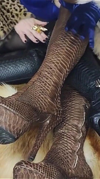 Duas meninas lindas experimentam casacos de pele de luxo caros e botas de couro Branded Python
