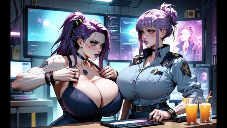 Hot girl dancing: Dua Wanita Cyberpunk Menanggalkan Pakaian Dan Ciuman, (AI Animasi)