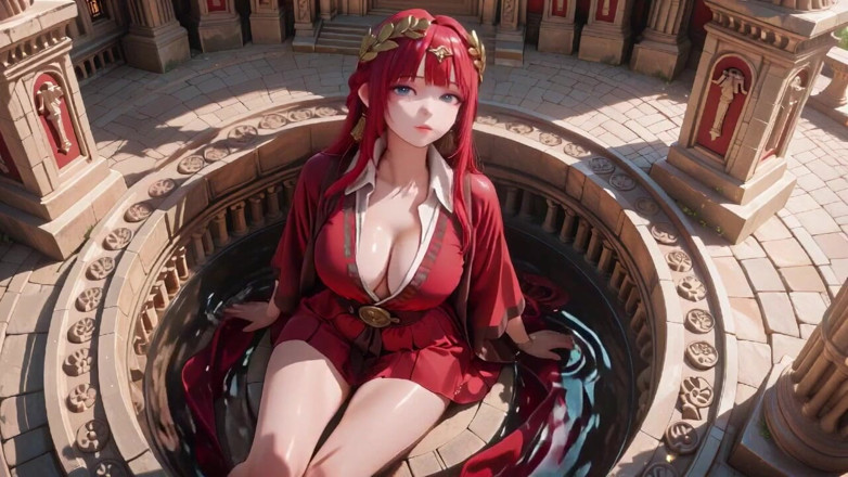 Tay Swift X: Ancient Stone Corridors Dappled with Light, She Lounges in a...
