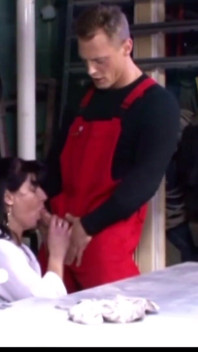German milf with extremely hairy pussy fucks with trainee in the workshop