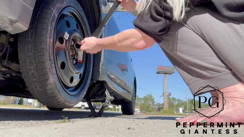 Peppermint Giantess: 67 Tall Amazon Goddess Changes Her Tire - Big Feet in...