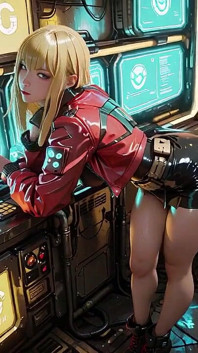 Red Leather Jacket Glistening Under Neon Rain, Kneeling Pose That Breaks the Armor