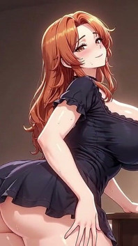 Busty Redhead Bends Over the Bed in a Tiny Black Dress Showing off Her Round Ass