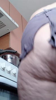 Sexy Naked Wife Preparing Food in the Kitchen. Hairy Brunette, Big Ass, Big Tits.