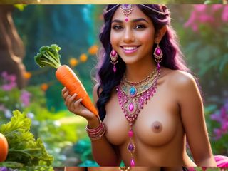 AI Girls: Havuçlu güzel büyük göğüslü çıplak Hintli elf kız