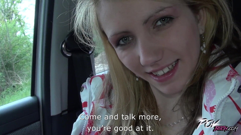 POV Bitch: Petite skinny blonde teen suck cock under steering wheel and...