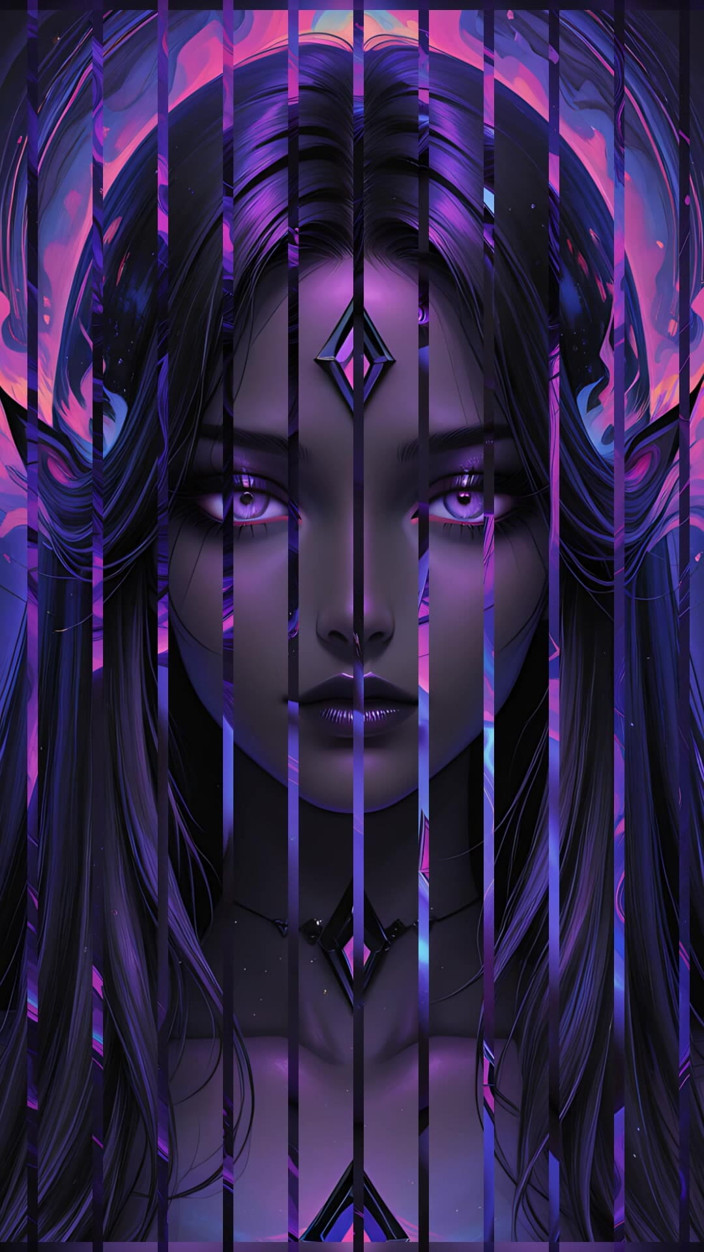 VelvetInk Studio: Mistyczna kosmiczna bogini ze świecącymi fioletowymi oczami Dark Fantasy Ai Pokaz...