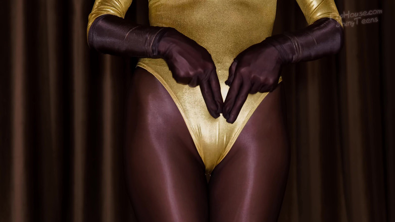 Shiny teens: 870 Shiny Brown Spandex Pantyhose and Gold Leotard