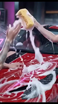 Jinx und ich haben gesehen, wie wir den roten Ferrari nass und schaumig gewaschen haben