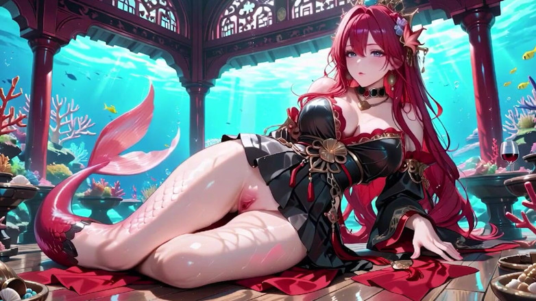 Tay Swift X: Red-haired Mermaid in Black Gown! Kneeling by the Pool, Lips &amp;...
