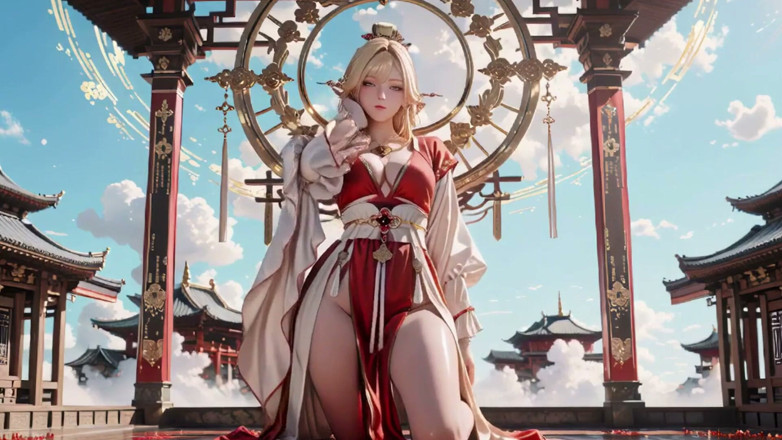 Seraphina Vale: Celestial Goddess Descends! Red &amp; White Hanfu, Golden Hair, Barefoot on...