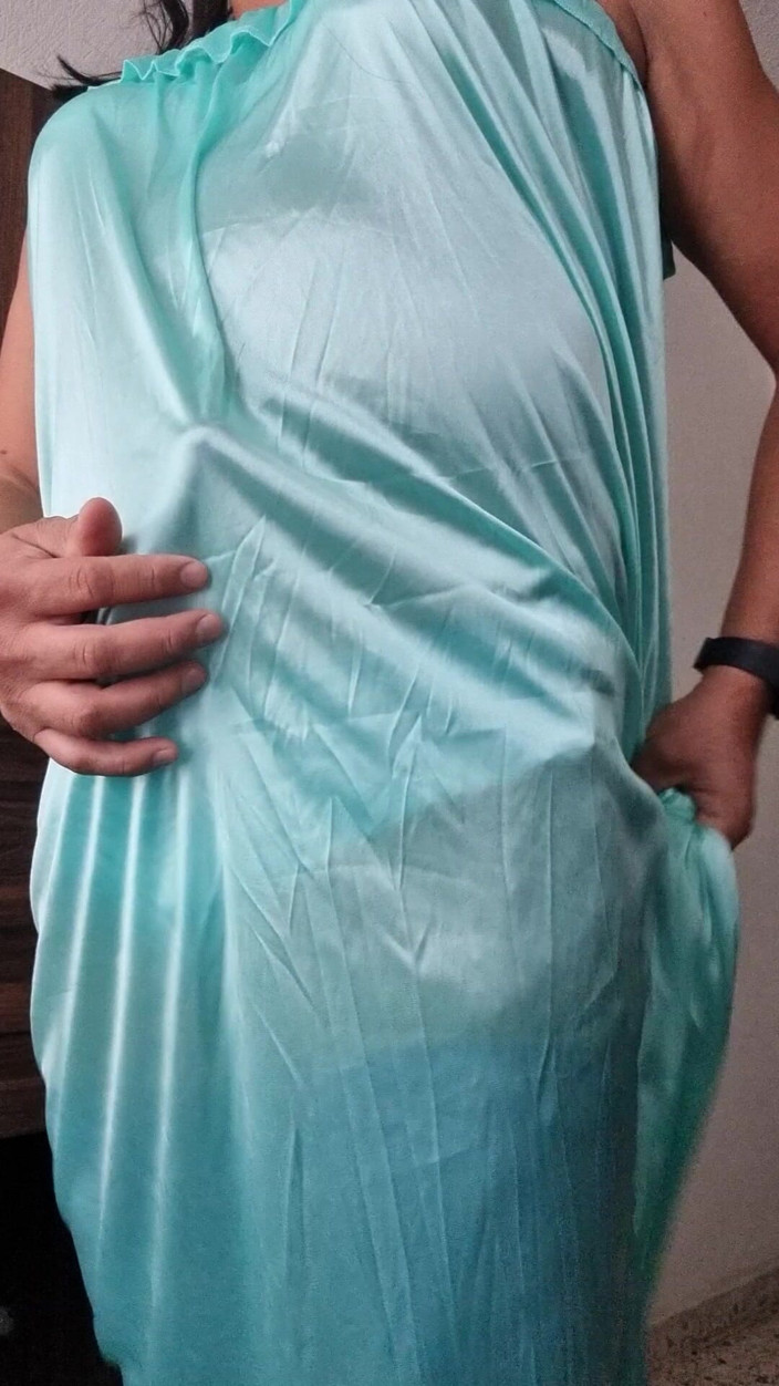 Sexy shinny clothes: Blue Satin Nightgown, Hands-free Masturbation, Excited with Soft and Delicate...