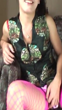 Young Trans in Pink Stockings Strokes Her Hard Cock