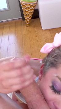 Delightful teen Leah Winters no hands POV deepthroat blowjob and cum swallow